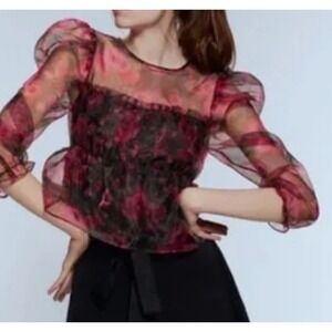 Zara Organza Long Sleeve‎ floral Dollete Coquette Blouse Size Xs
